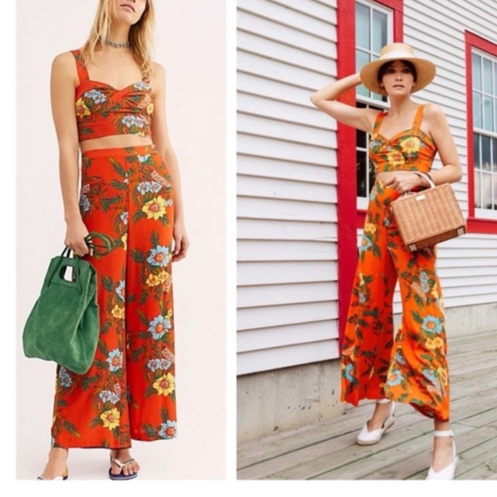 Free People Birds of Paradise Orange Floral Two Piece Set